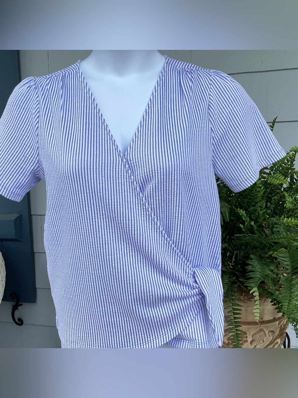 Michael Kors Light Blue & White Striped Wrap Tie Top NWOT M